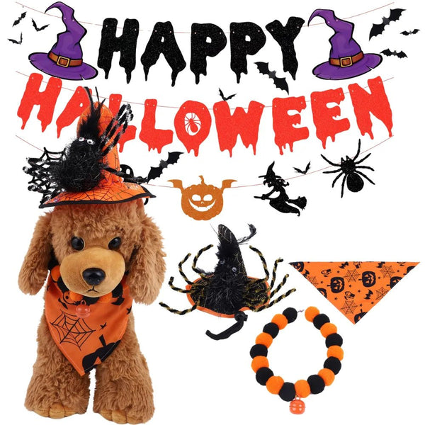 Dog Halloween Party Supplies Witch Hat Bandana Halloween Banner Set - GreenFur