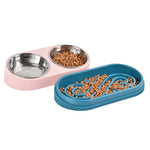 Double Bowl Slow Feeder Stainless Steel Pet Food Water Bowl - GreenFur