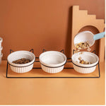Elevated Triple Ceramic with Iron Stand Neck Protect Cat Bowls - GreenFur