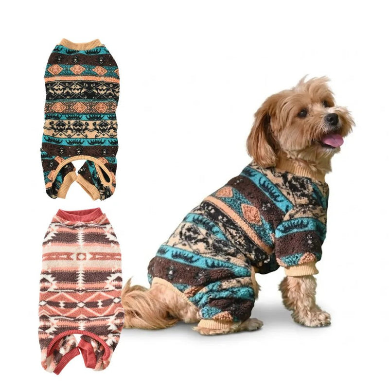 Ethnic Pattern Design Fleece Dog Pajamas with Knitted Cuffs - GreenFur