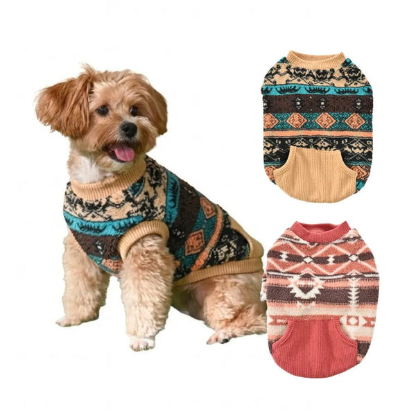 Ethnic Pattern Design Fleece Dog Sweater with Knitted Cuffs - GreenFur