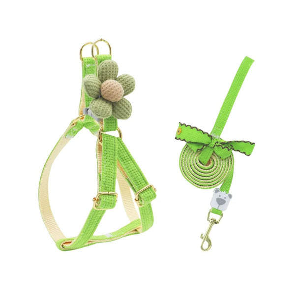 Floral Decorated Small Dog Leash and Harness Set - GreenFur