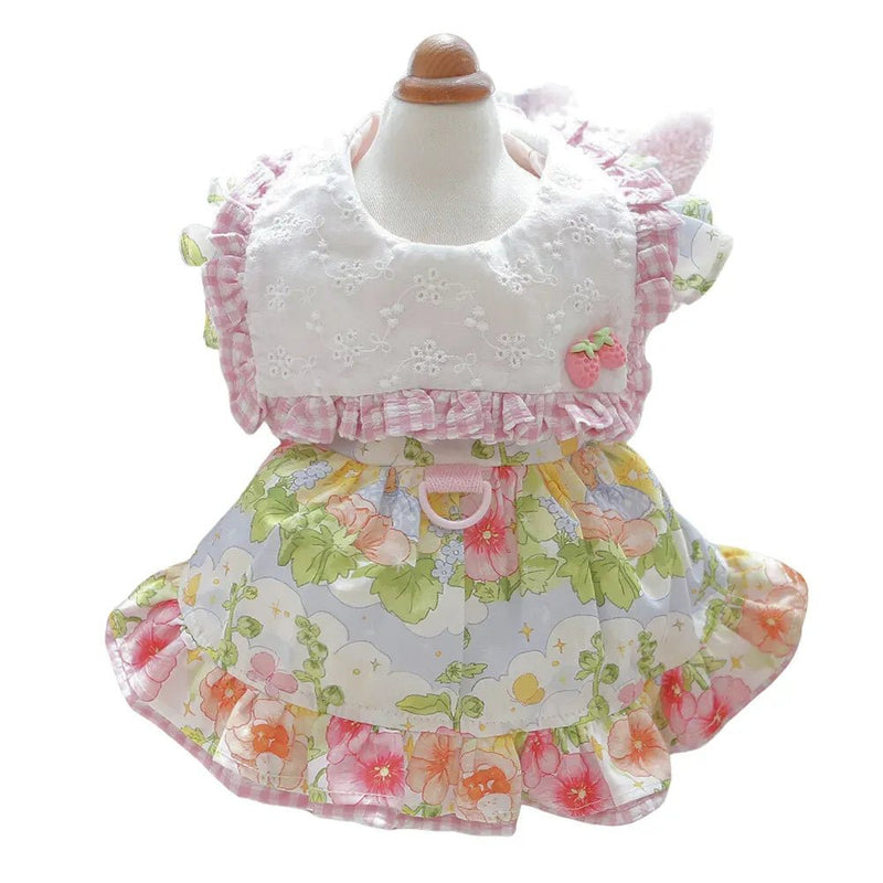 Floral Embroidered Pet Mesh Dress with D - Ring for Small Dogs and Cats - GreenFur