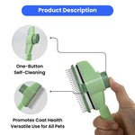 Fully Washable Ergonomic Handle One Button Self Cleaning Cat Hair Removal Comb - GreenFur