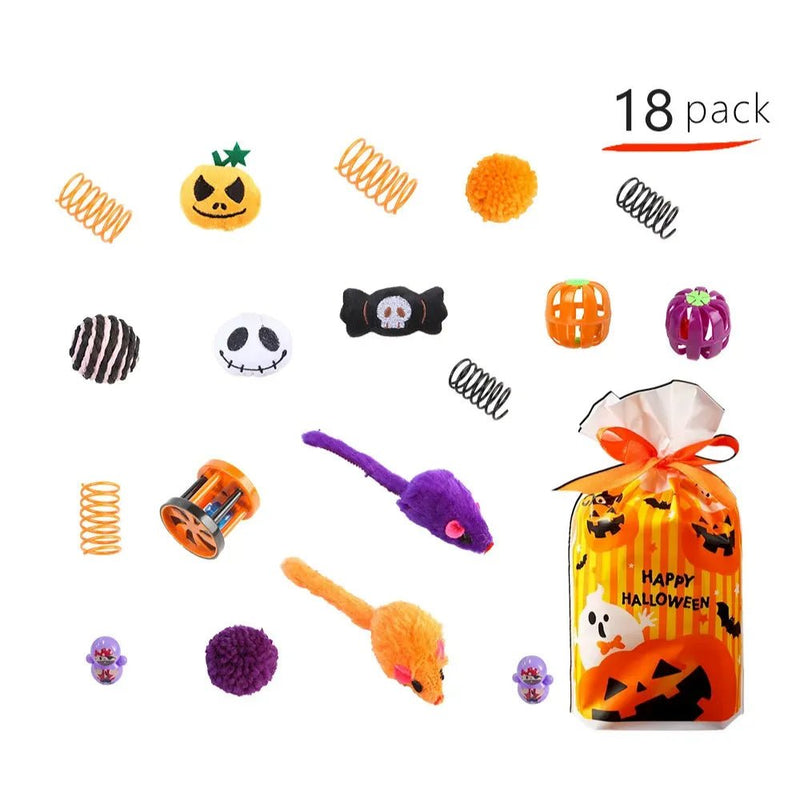 Halloween Cat Toy Set 18 Pack Pumpkin Bat Spider Chew Interactive Toys - GreenFur