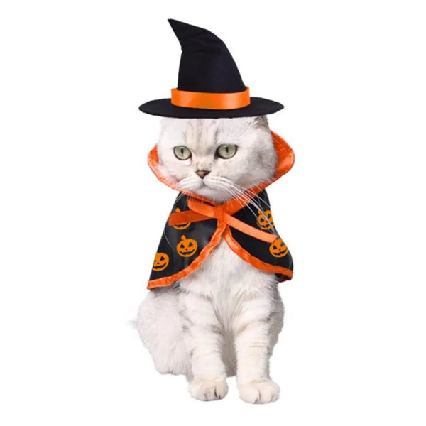 Halloween Party Pumpkin Print Cat Cloak Hat Pet Costume Set - GreenFur