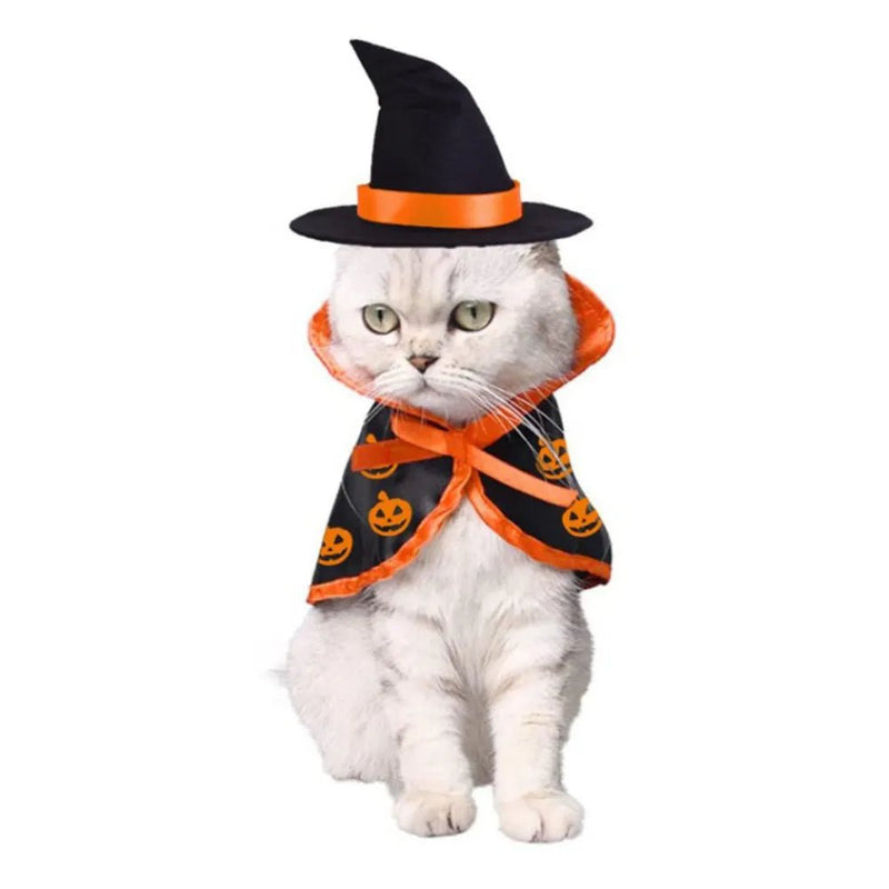 Halloween Party Pumpkin Print Cat Cloak Hat Pet Costume Set - GreenFur