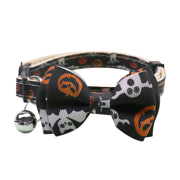 Halloween Pumpkin Bow Style Adjustable Nylon Cat Collar with Bell - GreenFur