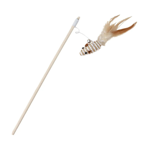 Handmade Elastic Cat Teaser Wand with Feather and Bell - GreenFur