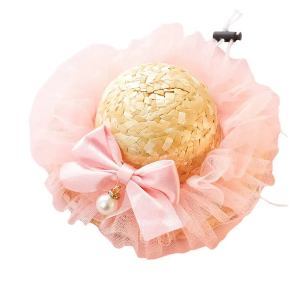 Handmade Woven Straw Hat with Lace Bow and Pearl Pendant for Cats - GreenFur