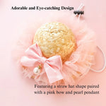 Handmade Woven Straw Hat with Lace Bow and Pearl Pendant for Cats - GreenFur