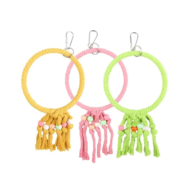 Hanging Bird Ring Perch Toy with Tassels Parrot Cotton Rope Swing - GreenFur