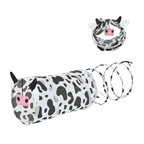 Interactive Collapsible Black and White Cow Pattern Cat Tunnel - GreenFur