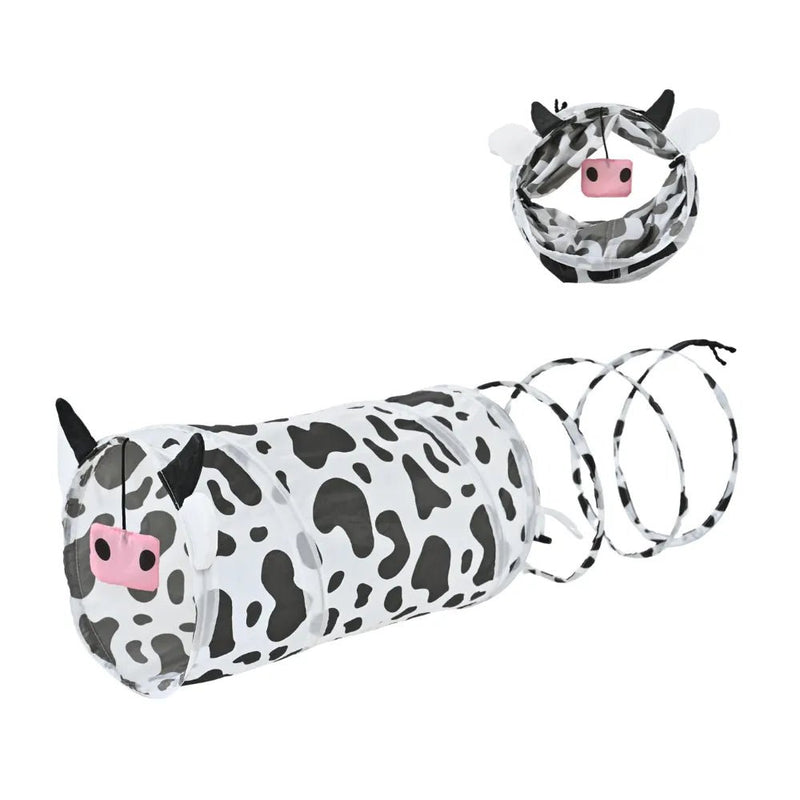 Interactive Collapsible Black and White Cow Pattern Cat Tunnel - GreenFur