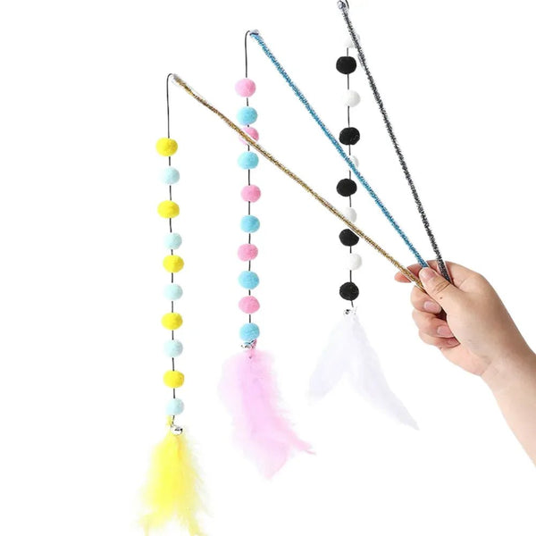 Interactive Plush Ball Feather Wand Rod Cat Teaser Toy - GreenFur