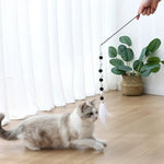 Interactive Plush Ball Feather Wand Rod Cat Teaser Toy - GreenFur