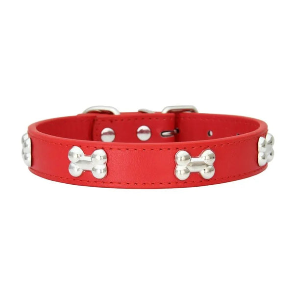 Leather Dog Collar with Metal Bone Decorations - GreenFur