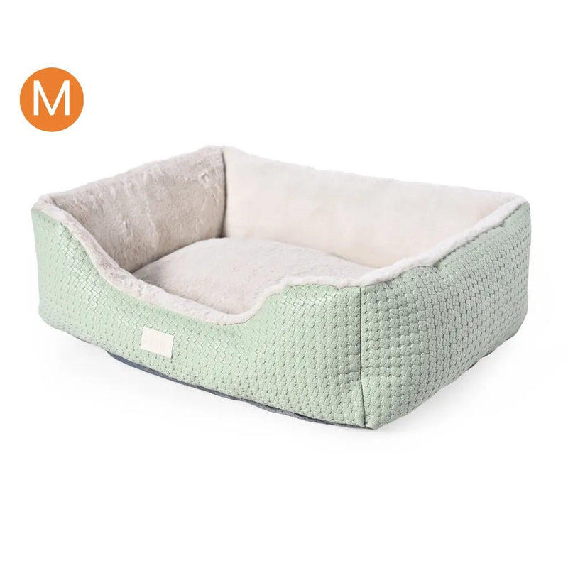M Size Green Easy Clean Embossed PU Leather Fabric Square Pet Bed - GreenFur