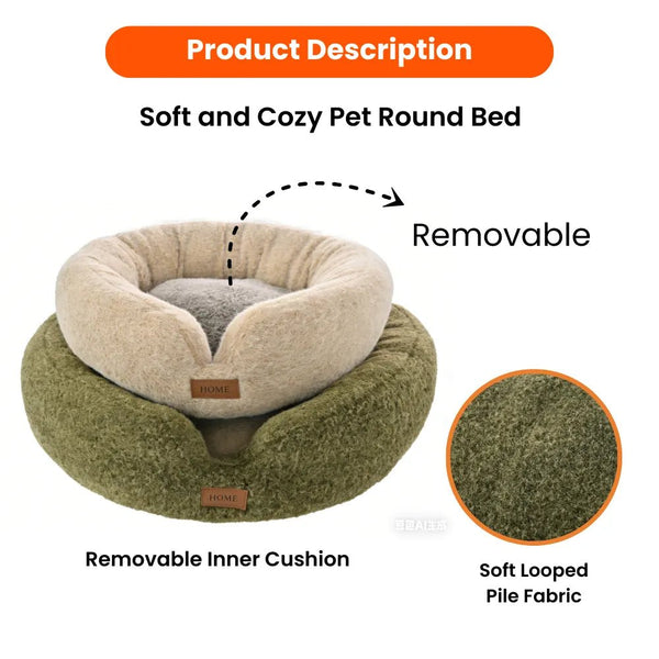 M Size Green Removable Soft Looped Pile Fabric Pet Round Bed - GreenFur