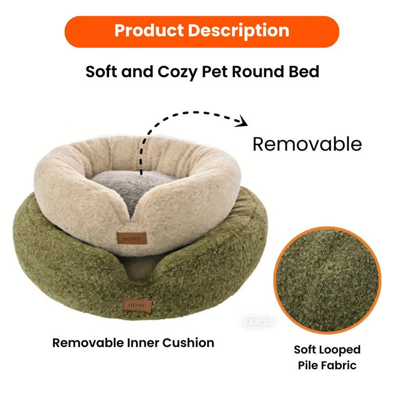 M Size Green Removable Soft Looped Pile Fabric Pet Round Bed - GreenFur