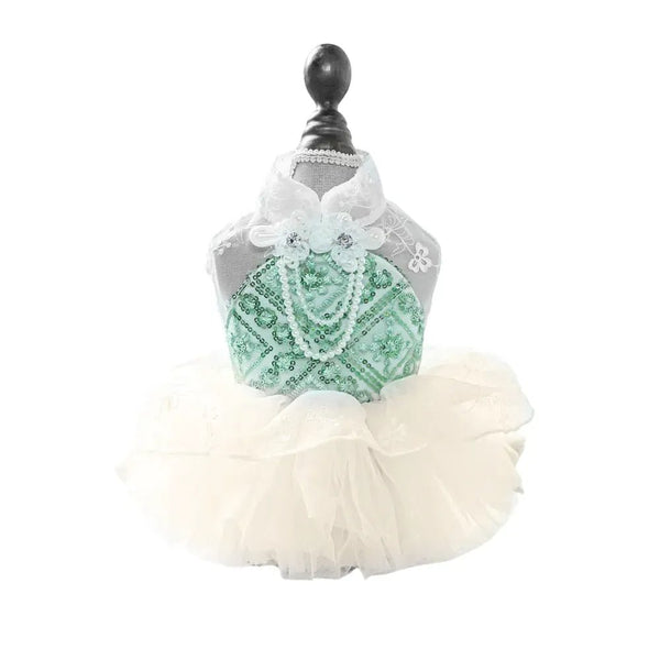Mint Green Puffy Tulle Pet Dress with Pearl Necklace Design for Dogs and Cats - GreenFur