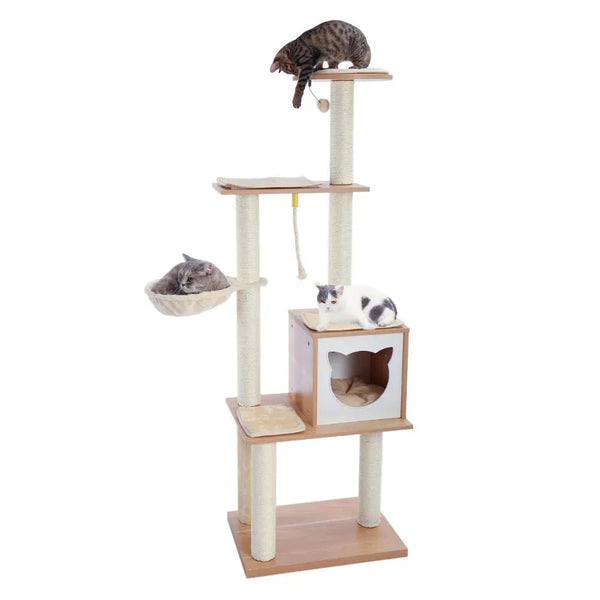 Modern Cat Tree Multi - Level Wood Cat Condo with Hammock Tower - GreenFur