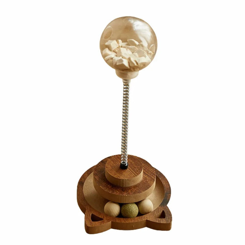 Multi - Functional Interactive Wood Tower Track Ball Cat Toy - GreenFur
