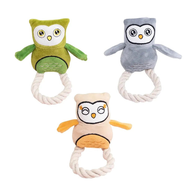 Owl Shaped Plush Cotton Rope Dog Toy with Squeaker - GreenFur
