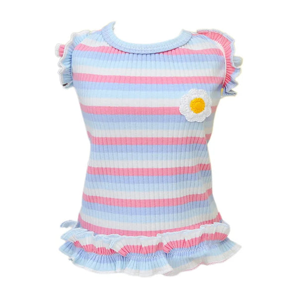 Pastel Stripe Dog Dress with Ruffle and Daisy Embellishment - GreenFur
