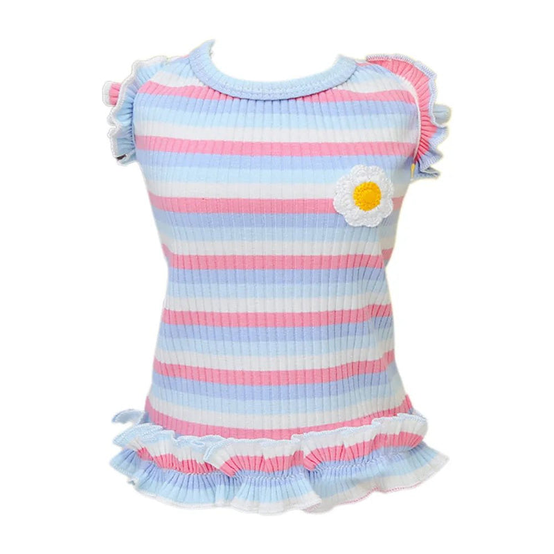 Pastel Stripe Dog Dress with Ruffle and Daisy Embellishment - GreenFur