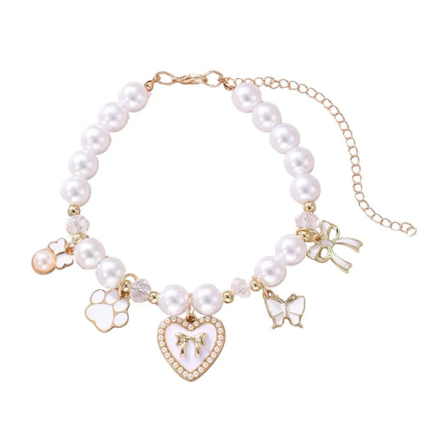 Pearl Pet Collar with Cute Pink Charms - GreenFur