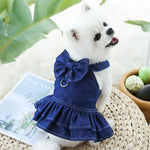 Pet Denim Dress with Bow and D - ring for Dogs and Cats - GreenFur