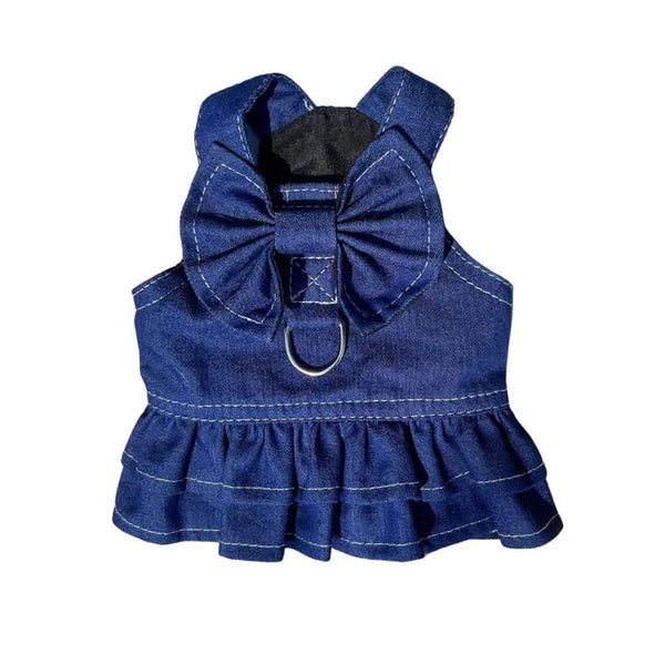 Pet Denim Dress with Bow and D - ring for Dogs and Cats - GreenFur