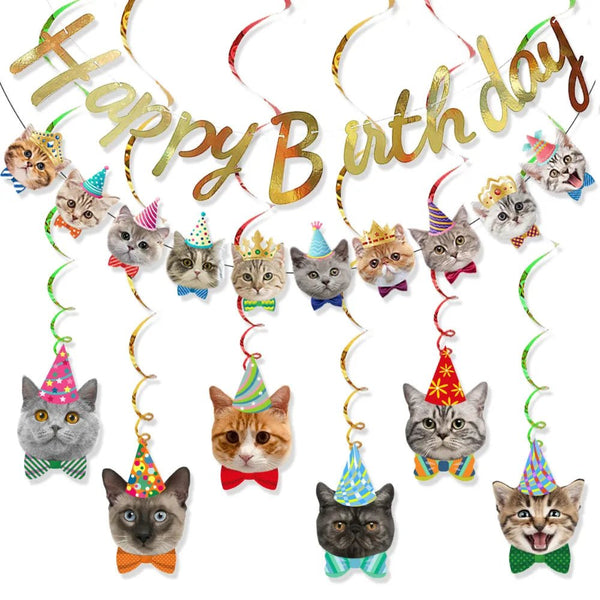 Pet Funny Party Decor Cat Faces Birthday Banner - GreenFur