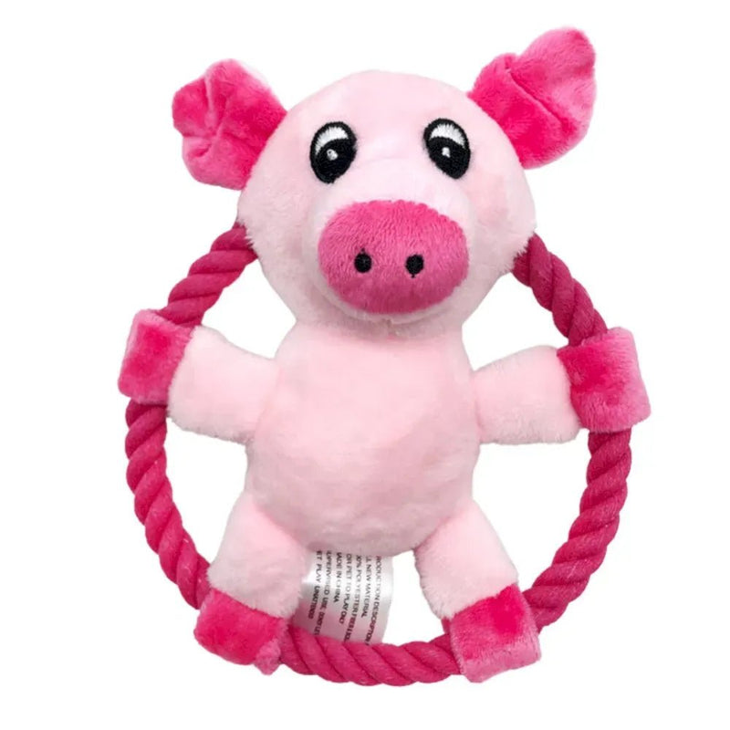 Pink Pig Shape Chew Stuffed Pet Dog Toy Squeaky with Cotton Rope - GreenFur
