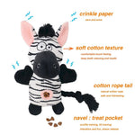 Plush Zebra Dog Toy with Squeaker Treat Pocket and Crinkle Sound - GreenFur