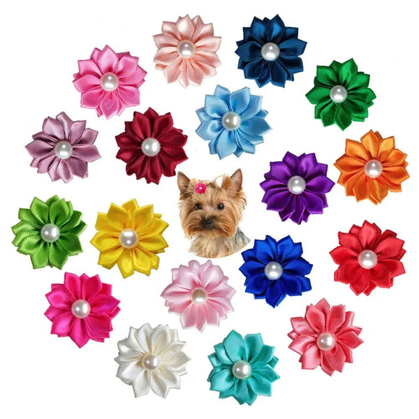 Random Mix 10 Pcs Elegant Flower Pearl Bow Pet Hair Ties - GreenFur