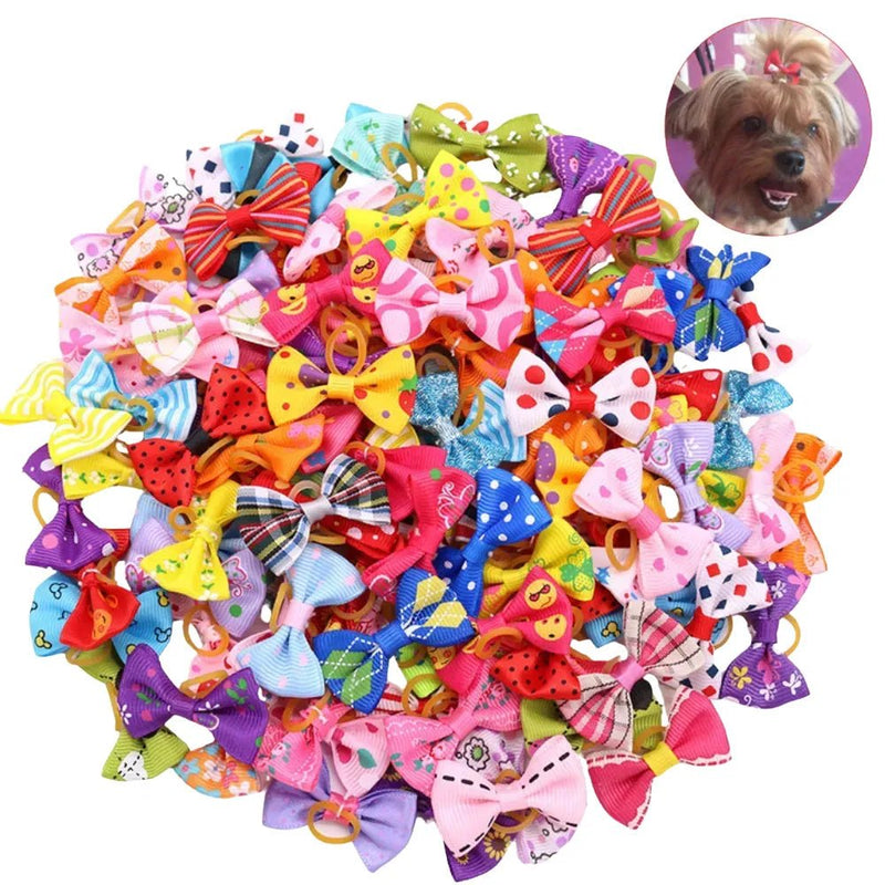 Random Mix 60 Pcs Pet Hair Bows with Elastic Bands for Cats and Dogs - GreenFur