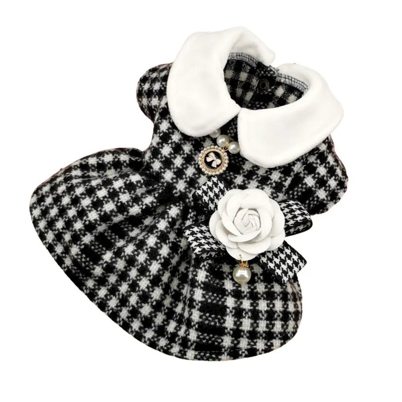 Small Breed Chic Tweed Dog Coat with Necklace and Chest Flower - GreenFur