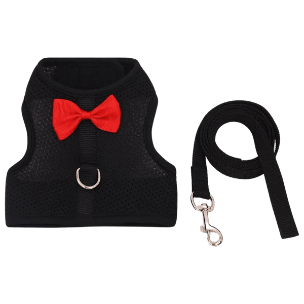 Soft Breathable Mesh Vest Rabbit Harness and Leash Set with Cute Bow, Black - GreenFur