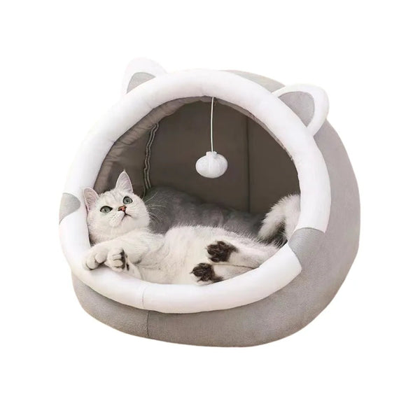 Soft Plush Cat House Round Cat Cave With Suspended Toy Ball - GreenFur