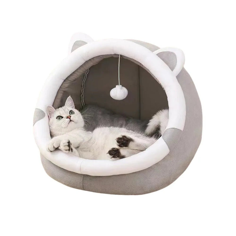 Soft Plush Cat House Round Cat Cave With Suspended Toy Ball - GreenFur