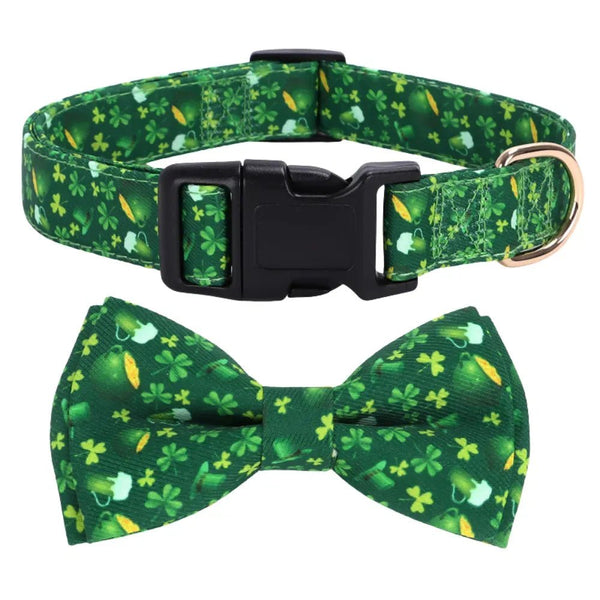 St Patrick Day Beer Clover Bow Tie Dog Collar Festive Pet Accessory - GreenFur