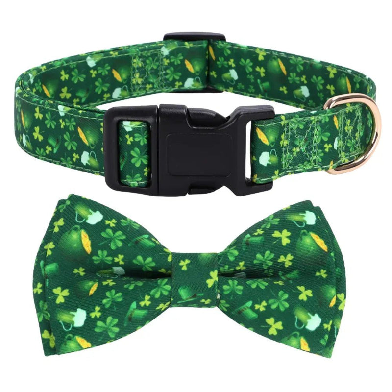 St Patrick Day Beer Clover Bow Tie Dog Collar Festive Pet Accessory - GreenFur