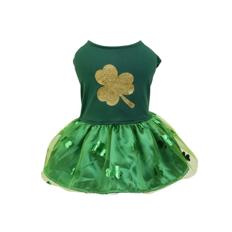 St Patrick Day Pet Dress Shamrock Green Mesh Party Outfit - GreenFur