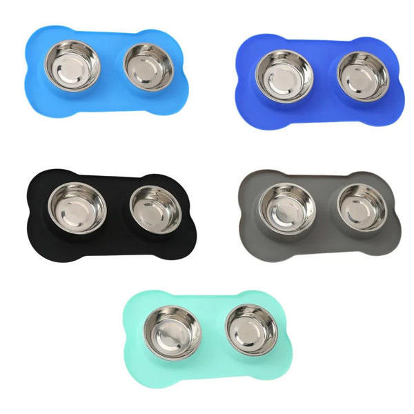 Stainless Steel Double Pet Bowl with Bone Shaped Non Slip Silicone Mat - GreenFur