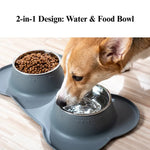 Stainless Steel Double Pet Bowl with Bone Shaped Non Slip Silicone Mat - GreenFur