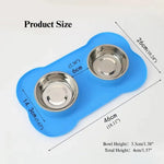 Stainless Steel Double Pet Bowl with Bone Shaped Non Slip Silicone Mat - GreenFur
