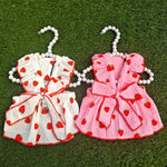 Strawberry Print Dog Dress with Leash Ring and Bow Decor - GreenFur