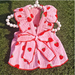 Strawberry Print Dog Dress with Leash Ring and Bow Decor - GreenFur